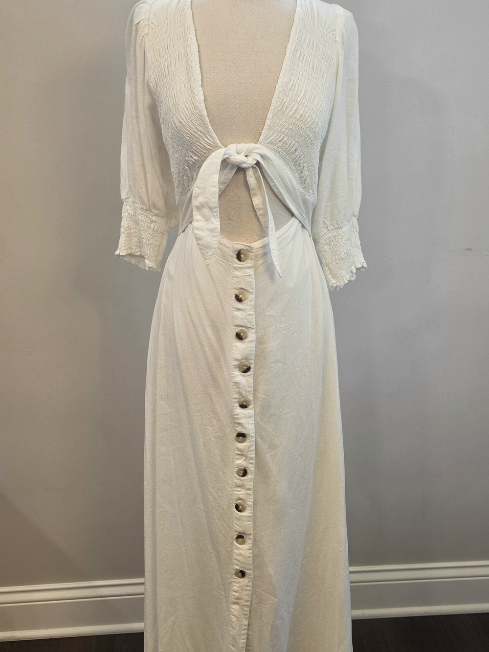 Free People Ivory Tie-Front Maxi Dress with Button Front